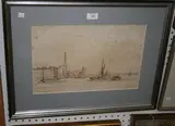 Rudolph Schwabe, Dreadnought Yard, Deptford' (View of the River Thames with Barges, Factories and Cranes beyond), 1935, sepia ink and wash
