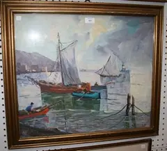 Di Costanzolo, Coastal View with Figures in a Boat, oil on canvas laid on board
