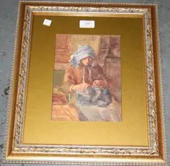 W.N. Denby, Lady sewing, watercolour
