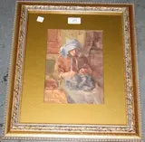 W.N. Denby, Lady sewing, watercolour