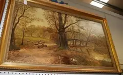A.H. Passey, Woodland Clearing with Sheep resting near a River, oil on canvas