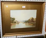 J. Shapland, View along a River towards a Town, watercolour