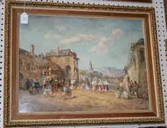 M.J. Rendell, The Wedding...' (Figures dancing in a Continental Square), oil on board