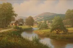 Alan Dinsdale, Landscape with Meandering River, Barns, Church and Cottages before Rolling Hills, acrylic on canvas