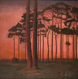 Cyril Saunders Spackman, Edge of the Grove' (Landscape with Trees in silhouette against a Red Sky), oil on canvas