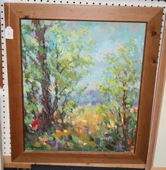 Walter Fleischer, Landscape viewed through Trees, acrylic on canvas-board