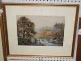 Joshua Fisher, Landscape with Fisherman on the Bank of a River, a Cottage and Hills beyond, watercolour and gouache
