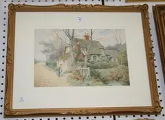 T.N. Tyndale, Mother and Child upon a Lane beside a Thatched Cottage, watercolour
