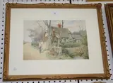T.N. Tyndale, Mother and Child upon a Lane beside a Thatched Cottage, watercolour