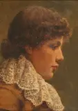 Mary MacArthur, Head and Shoulders Portrait of a Youth in profile wearing a Large Lace Collar and Brown Jacket, oil on canvas