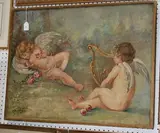 René Marie, Study of Two Putti within a Landscape, one playing a Gilt Harp, the other asleep holding a Posy of Roses, early/mid-20th Century oil on canvas laid on board