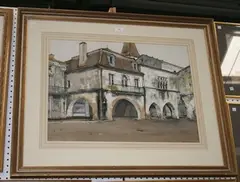 Keith A. Jordan, The Market Square, Monpazier, watercolour and ink