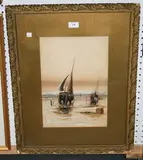 R. Jones, On the Mersey' (View of the Shore with Fisherfolk and Beached Sailing Boats), watercolour and gouache