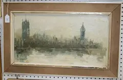 Mona Killpack, View of Westminster Abbey and the Houses of Parliament, oil on board