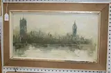 Mona Killpack, View of Westminster Abbey and the Houses of Parliament, oil on board