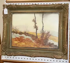 K. Pospisil, Continental Landscape, 1941, oil on board with sgraffito