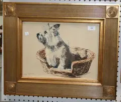 Sally Trueman, Study of a Terrier seated in a Basket, pastel