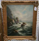 Frank Hider, On the Cornish Coast' (Stormy Coastal View), oil on canvas