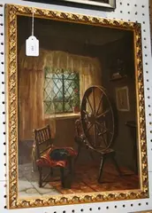 F.G. Lunt, Spinning Wheel and Chair within a Cottage Interior, oil on canvas