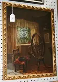 F.G. Lunt, Spinning Wheel and Chair within a Cottage Interior, oil on canvas