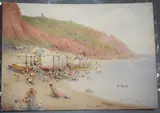 Harry E. James, View of Beach with Bathing Huts and Figures, watercolour