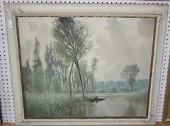 G. Harrison, Landscape with River, Woodland and Figure in a Punt, oil on canvas