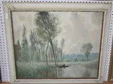 G. Harrison, Landscape with River, Woodland and Figure in a Punt, oil on canvas