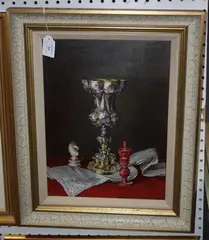 Peter F. Fuller, Still Life Study of a Silver Chalice beside Two Chess Pieces, oil on canvas