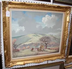Under Clayton Down' (Gypsy Wagon on a Road) by Emerson H. Groom, oil on canvas, sold Jul 2011