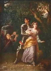 P. Priolo, Knight and Damsel near a Dwarf in a Woodland Clearing, oil on canvas