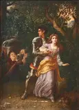 P. Priolo, Knight and Damsel near a Dwarf in a Woodland Clearing, oil on canvas