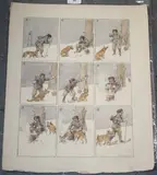 The Tale of a Tail, a Story of the Far North' (Storyboard Cartoon in Nine Sections with a Woodsman who eats his Dog's Tail in a Snowy Landscape) by George Denholm Armour, watercolour over pencil, sold Jul 2011