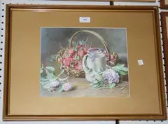 J. Bligh, Still Life Study of Strawberries in a Basket beside Cream in a Jug and Roses, watercolour and gouache