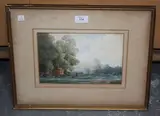 J. Hall Evans Brown, Landscape with Figures near a Gypsy Caravan, watercolour