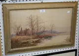 S. Bowers, Landscape with Cottage and Lake, watercolour