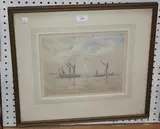 Philip Connard, Study of Fishing Boats and a Masted Vessel, watercolour