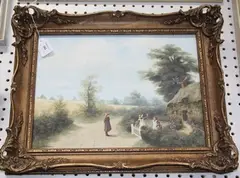Glynn Williams, Landscape with Children wearing Edwardian Costume standing by a Wooden Gate, a Cottage beyond, oil on board