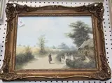 Glynn Williams, Landscape with Children wearing Edwardian Costume standing by a Wooden Gate, a Cottage beyond, oil on board