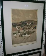 Robert R Greenhalf, Lapwings', woodblock printed in colours, signed, titled and editioned 14/25 in pencil.