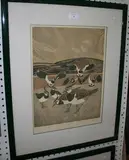 Robert R Greenhalf, Lapwings', woodblock printed in colours, signed, titled and editioned 14/25 in pencil.