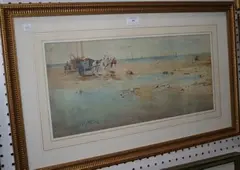 Charles S. Mottram, Coastal Landscape with Figures and Carts unloading the Catch from a Beached Boat, watercolour