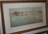 Charles S. Mottram, Coastal Landscape with Figures and Carts unloading the Catch from a Beached Boat, watercolour