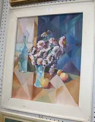 Charles Smith, Cubist Still Life Study of Flowers in a Vase beside Fruit and a Bottle, oil on canvas-board