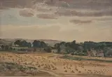 Claude Muncaster, View towards Sutton, Sussex, with Corn Stooks, a Farmstead and the Downs beyond