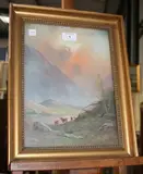 Neils Hans Christiansen, Mountainous Landscape with Highland Cattle, oil on board