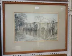 Vincent Lines, Stopham Bridge' (View of the River and Bridge with a Figure on a Bicycle), watercolour