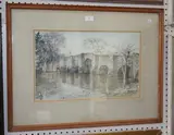 Vincent Lines, Stopham Bridge' (View of the River and Bridge with a Figure on a Bicycle), watercolour