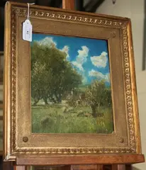 Charles Calvert, Landscape with Figure and Sheep near a Cottage, possibly France, oil on board