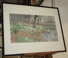 G. Norman Crosse, Ducks in a Pond within a Woodland, watercolour and gouache