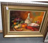 H.F. Borton, Still Life Study of Fruit, Wine and a Lobster, oil on canvas